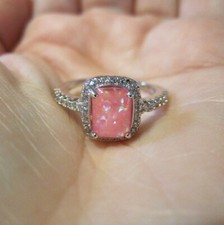 Rectangle Pink Opal Ring Silver SIZE 7 Engagement Wedding Promise