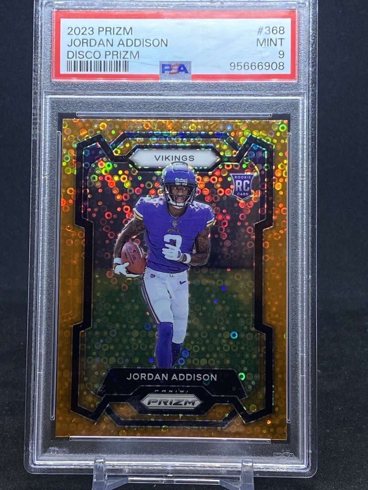 2023 Panini Prizm, Orange Disco Prizm #368 Jordan Addison PSA Mint 9 Rookie Card