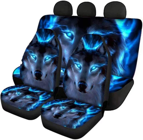 Cool Wolf Car Seat Cover Backrest Seat Protector Full Set of 4Pcs Universal