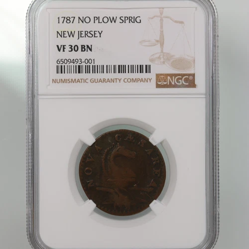 1787 New Jersey No Plow Sprig NGC Certified VF30 BN Colonial Era Coin