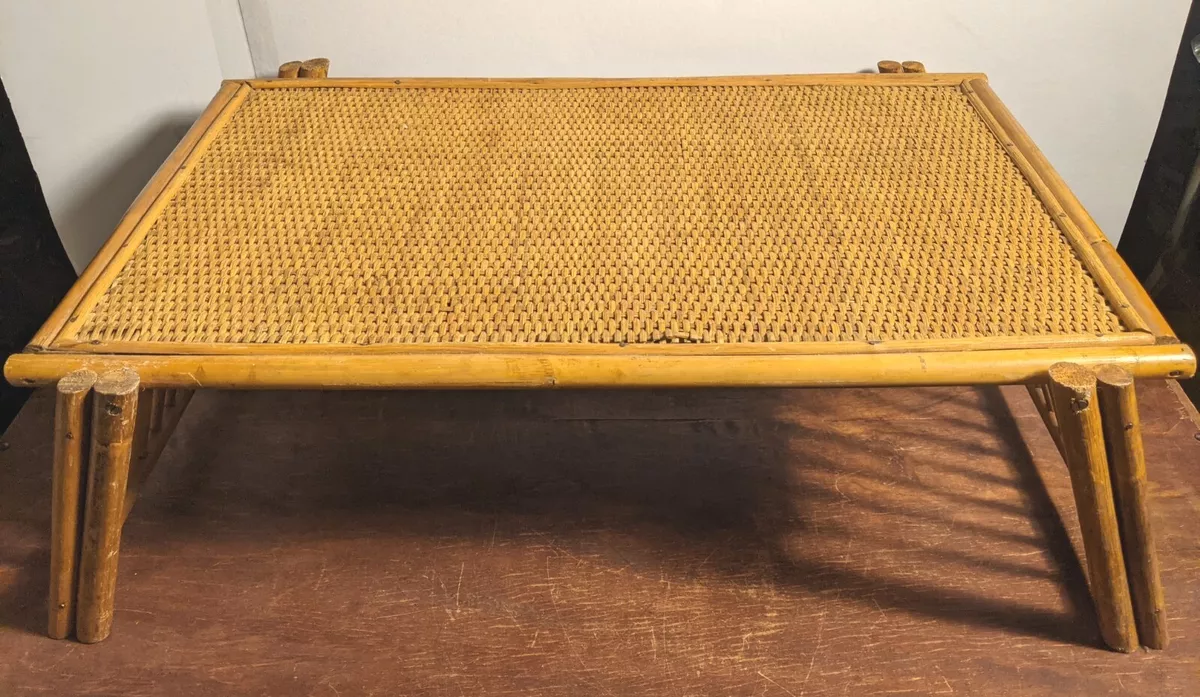 Vintage Mid Century Folding Bamboo Rattan Wicker Breakfast Bed Lap TV Tray