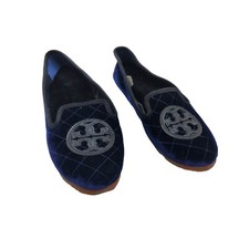 TORY BURCH Womens Quilted Velvet Billy Slipper SZ 5 Wool Navy Black Loafer Logo