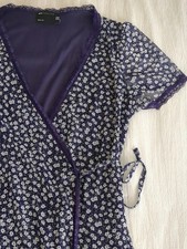 ASOS DESIGN mini mesh wrap dress with lace trim in navy daisy print Size 12 US