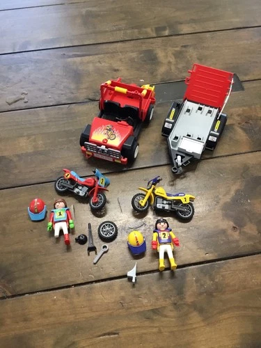 Vintage Playmobil 3754 Motocross Motorcycle Dirt Bike Racing Trailer