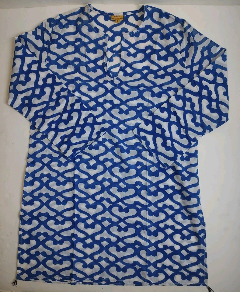Roberta Roller Rabbit Big Cata Kurta Slits Tunic Cover Up Blouse Blue White M - Image 4 of 4