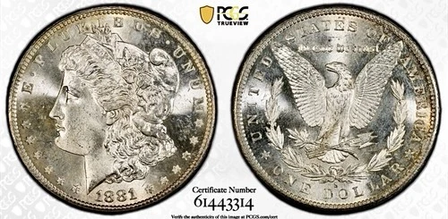 1881 S MORGAN SILVER DOLLAR PCGS MS66 GOLD SHIELD LABEL