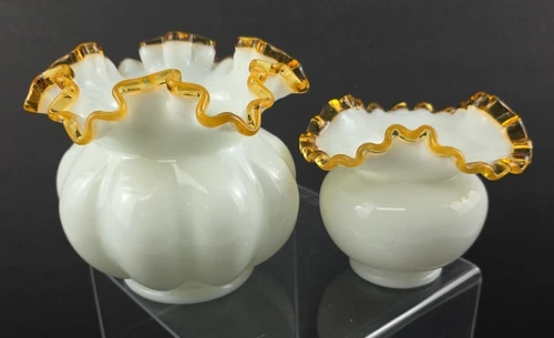 Fenton Gold Crest Milk Glass Bowl Pair Set Melon Smooth Ruffle White Round Vtg