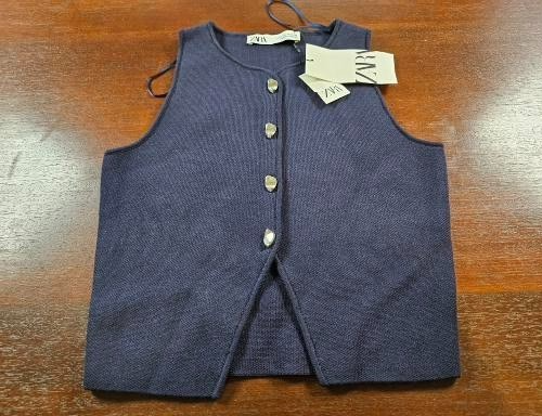 ZARA Split Bottom Knit Vest w/ Silver Buttons in Navy Blue Size XS