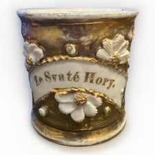 Antique French Barber Shaving Mug Named “Le Straté Hory” Gilt Porcelain c1900