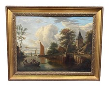 19thC Antique RIVER VALLEY Old FISHING BOATS Folk Art COASTAL Town PAINTING