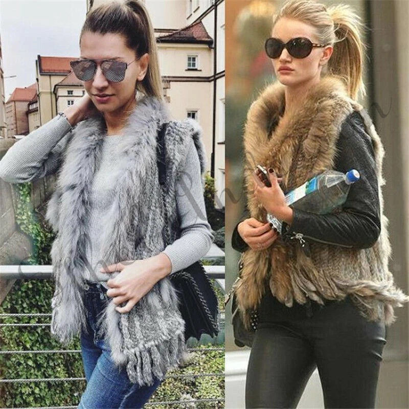 Women's Real Rabbit Fur Vest Gilet Tassels Raccoon  Coat Knitted Waistcoat C6 - Image 2 of 4