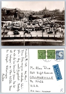 Vintage 1968 RPPC Stockholm Sweden Sergels Torg Square City View Trams Air Mail