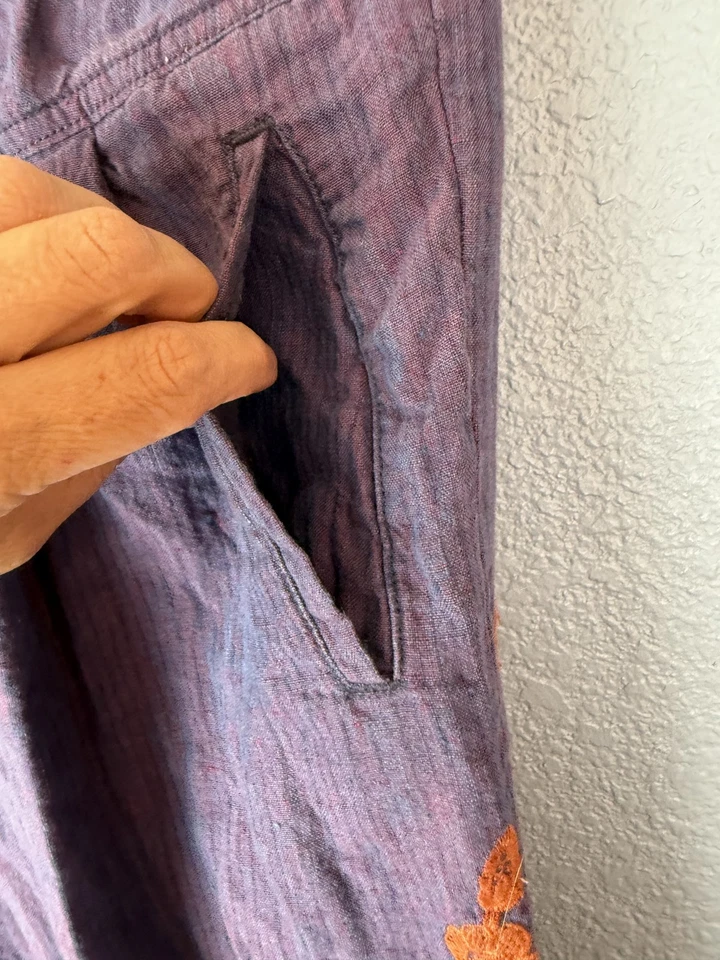 Pantalones Anthropologie Mujer Pequeños Floral Bordado Lino Cintura Elástica Boho Cas Foto 2 de 4