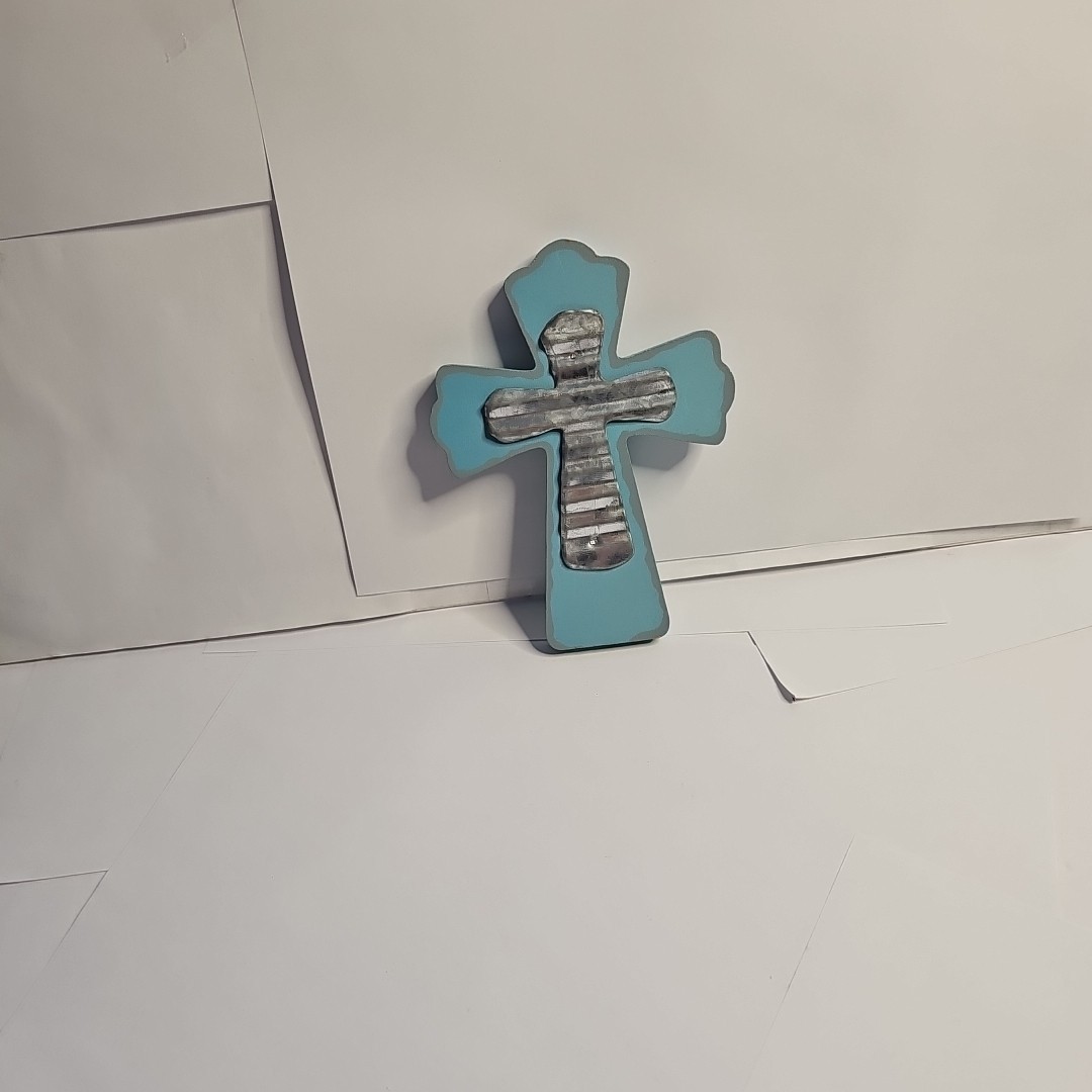 Teal Wood Metal Cross 4x5.5" Craft Boho Celtic