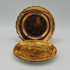 Vintage Gold-Tone Decorative Plate With Ornate Floral Design & Scalloped Edges