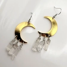 Genuine Quartz Crystal Celestial Crescent Moon Earrings