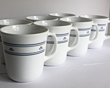 Corelle Corning Country Hearts Coffee Mugs Cups 8 Oz Hearts Blue Stripes Set 7