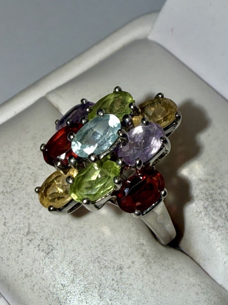 Solid Sterling Silver Oval-Cut Natural Mixed Gems… - image 3