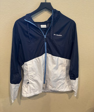 Columbia Women's L Colorblock Hooded Full Zip Windbreaker Jacket Blue/White