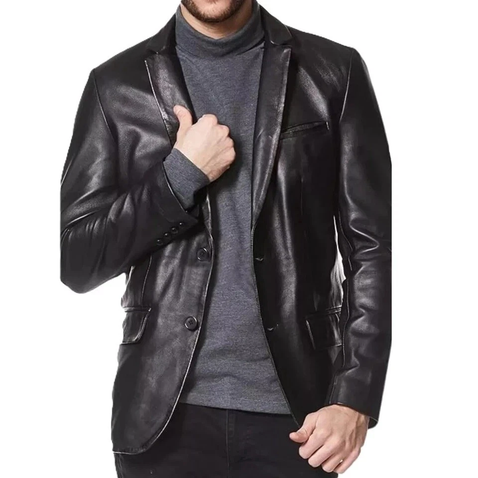 Leather Blazer Jacket Men's Coat Lambskin Slim Fit Soft Men New Two Real Black 1