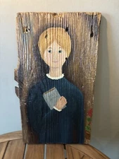Vintage Primitive Women With Bible Portrait Painting On Board 14”x7.5” Outsider