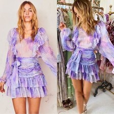 LoveShackFancy Moxie Long Sleeve Ruffle Ruched Purple Raindrop Mini Dress Sz 0