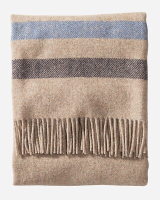 PENDLETON Eco-Wise Wool Fringed Throw Fawn Stripe Washable