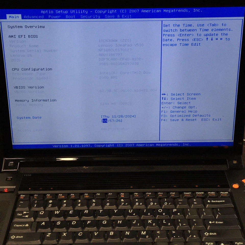 Lenovo IdeaPad Y530 15.4" Laptop Core 2 Duo 6GB 250GB HDD Boot/BIOS No OS H2508 - Image 2 of 4