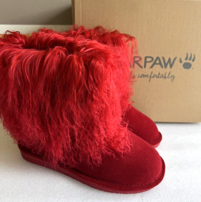 New Bearpaw Boo Boots Genuine Leather Suede Long Fur Sheepskin Red