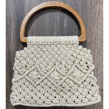 Vintage Tan Macrame Purse with Wood Handles