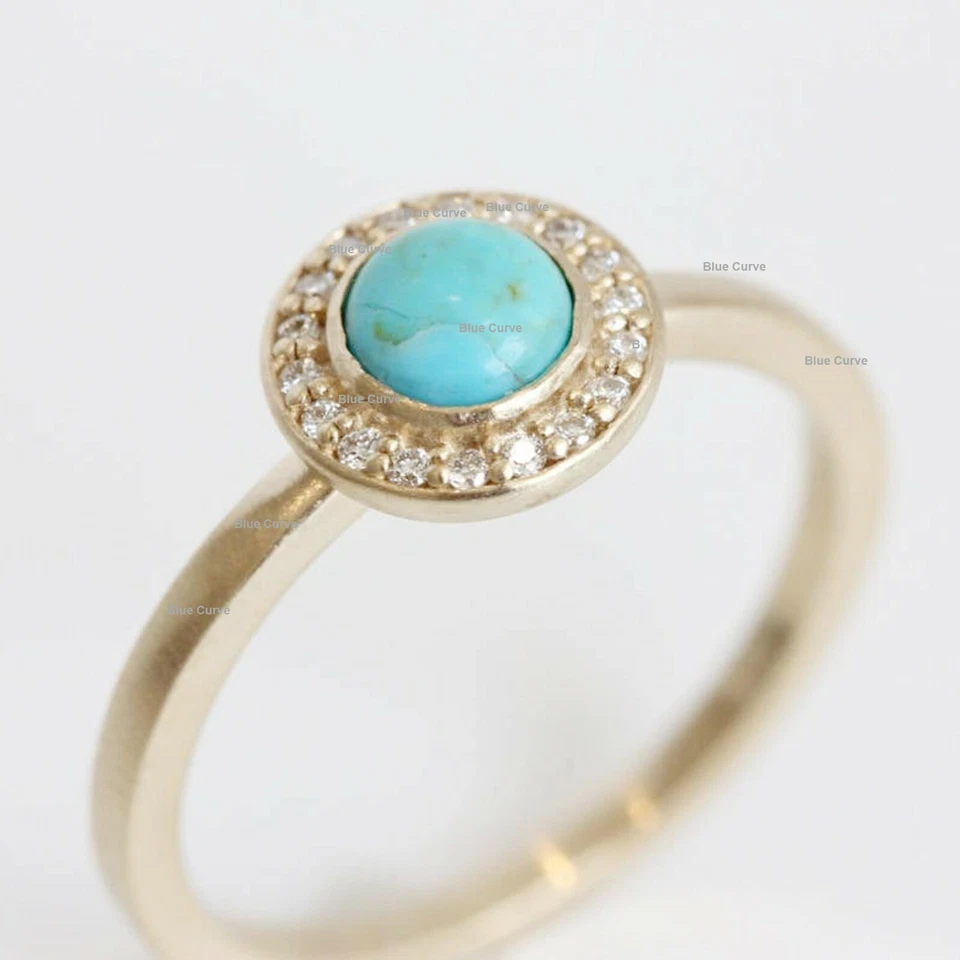 Conjunto de anillos con halo de diamantes y piedras preciosas turquesa de oro amarillo de 14 k joyas finas Foto 4 de 4