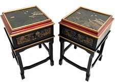 Ethan Allen Style Chinoiserie Crackle Textured Side Table w/ Drawer, a Pair