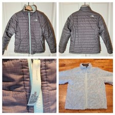 The North Face Reversible Quilted Fleece Jacket Girls Sz Large Gray Blue