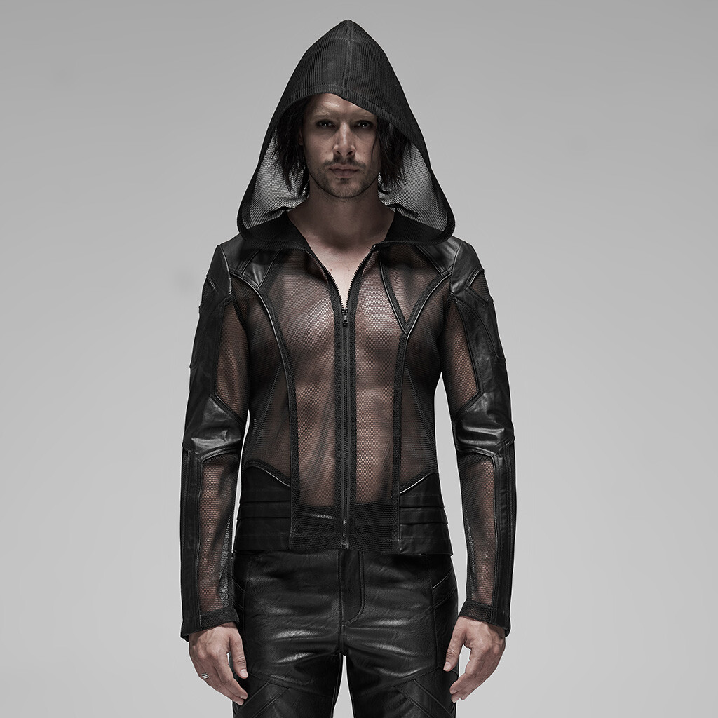 PUNK RAVE Men Punk Mesh Hoodie Jacket Irregular Sleeve