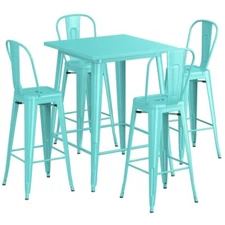 32" Square Seafoam Metal Restaurant Bar Table Set with 4 Cafe Barstool