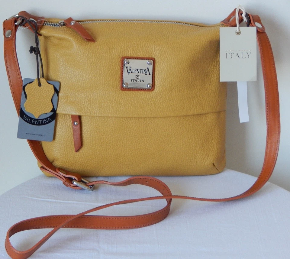 NUEVO CON ETIQUETAS VALENTINA Hecho en Italia Cuero Top Cremallera Amarillo Taupe Bandolera Bolso de Mano Foto 3 de 4