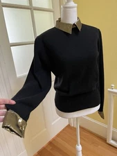 Vintage Evan Picone Black Angora Sweater Gold Lame Collar Cuffs M Shoulder Pads