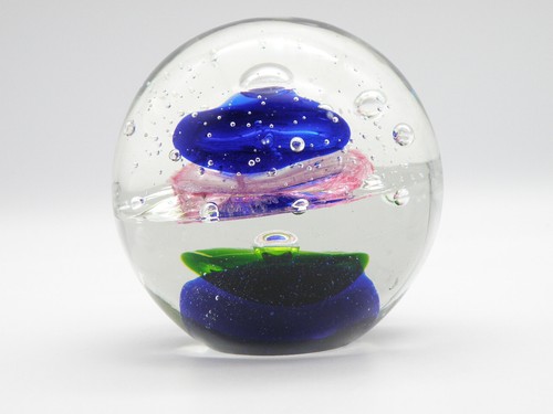 Vtg Large Art Glass Paperweight 4" Sphere Controlled Bubbles Cobalt Pink Green - Picture 5 of 13