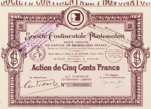 SOCIETE CONTINENTAL PHOTOMATON - ACTION 500 FRANCS - FRANCE