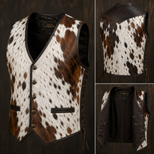 Mens Cowhide Leather Vest Real Cow Fur Hair on Hide Western Cowboy Waistcoat Bik