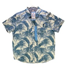 Hurley Hawaiian Shirt Mens Large Cream Blue Palm Tree Print Stretch NWT