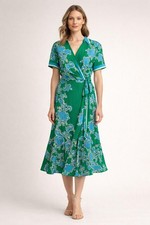 Badgley Mischka sz 4 Green Blue Floral Midi Shirt Dress Short Sleeve $500 Print
