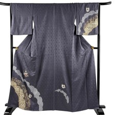 Silk M Kimono Autumn Gray Floral Used Good Condition 164cm Length 66cm Sleeve
