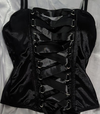 Black Satin Lace Up Corset Top with Adjustable Straps Medium