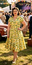 Vintage 1940s 1950s Style Lemon Tea Rockabilly Cotton Dress Size 14 TWINWOOD 