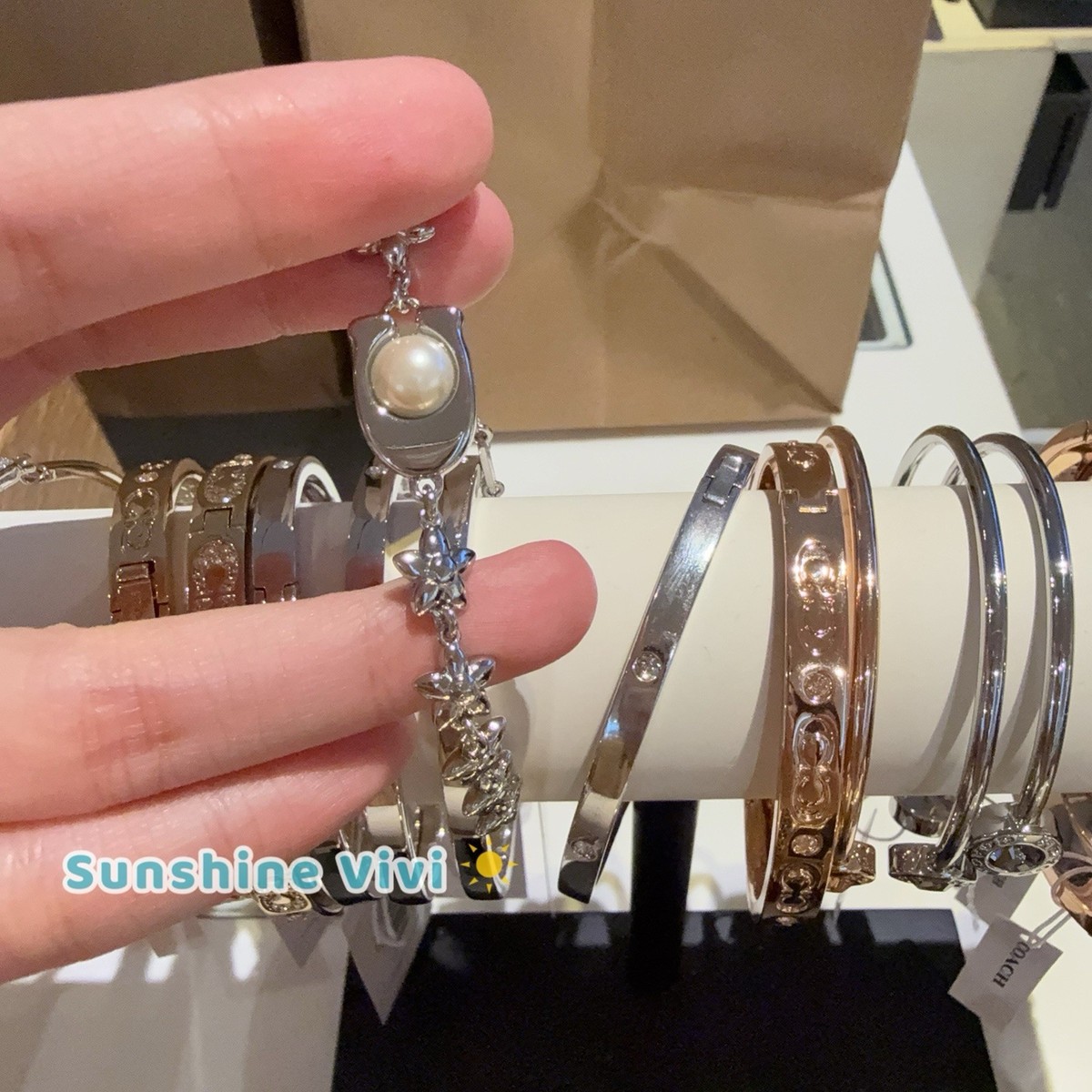 NWT Coach Wildflower Chain Signature Linear Bracelet Silver/Pearl