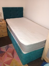 Teal Single Divan Bed with Drawers and Headboard. No Mattress included