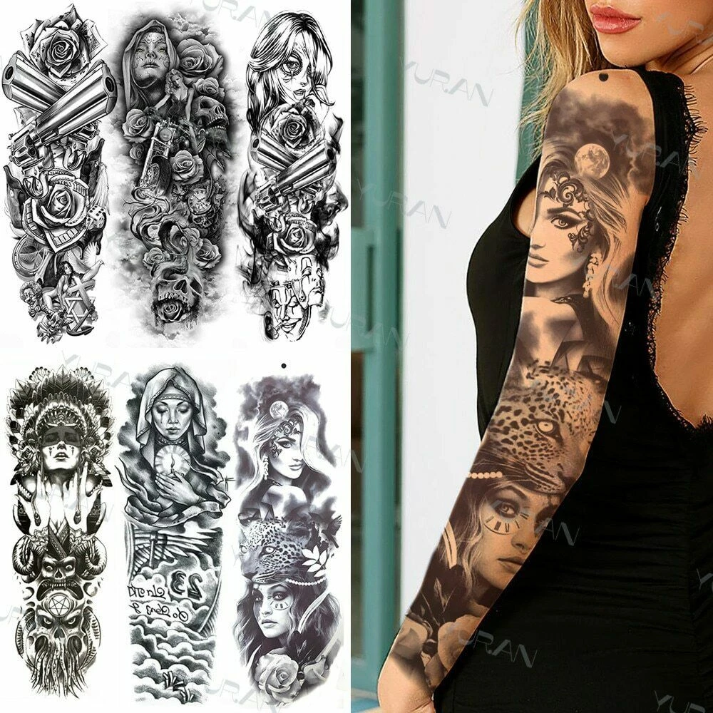 Indian Nun Full Arm Tattoo Sleeve Girl Fake Tribal Totem Moon Leopard  Tattoos | eBay