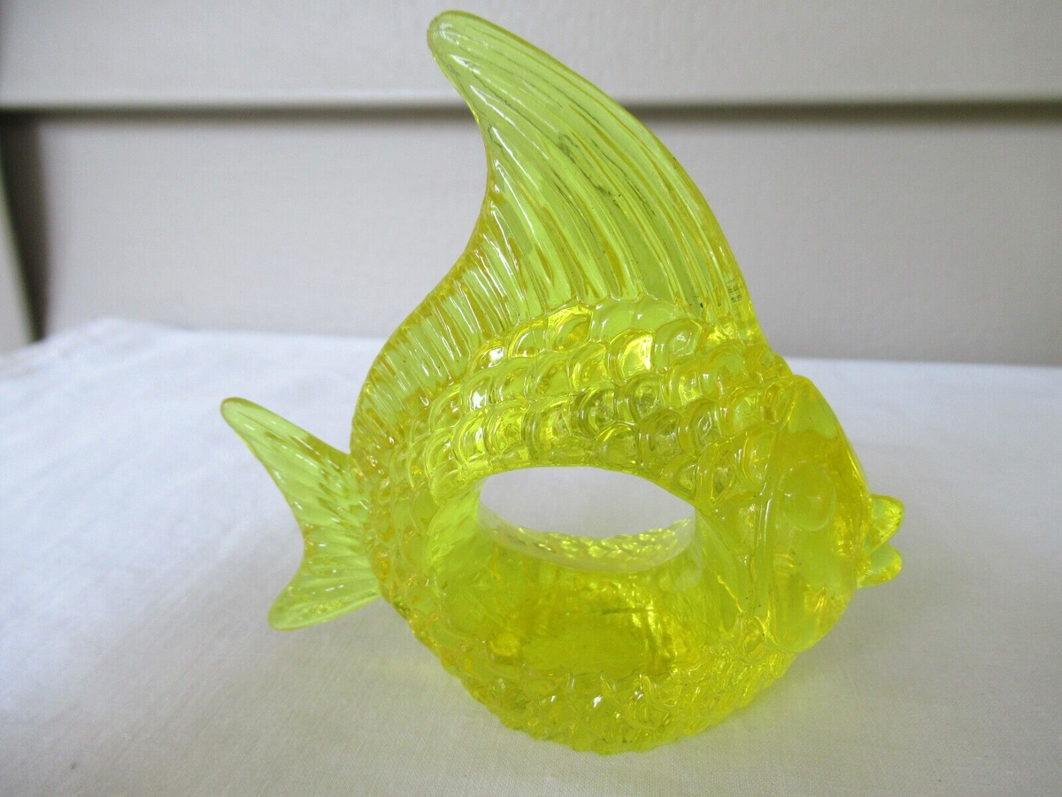 Set of Vintage Yellow Acrylic Lucite Angel Fish Napkin Rings Holders  Tropical