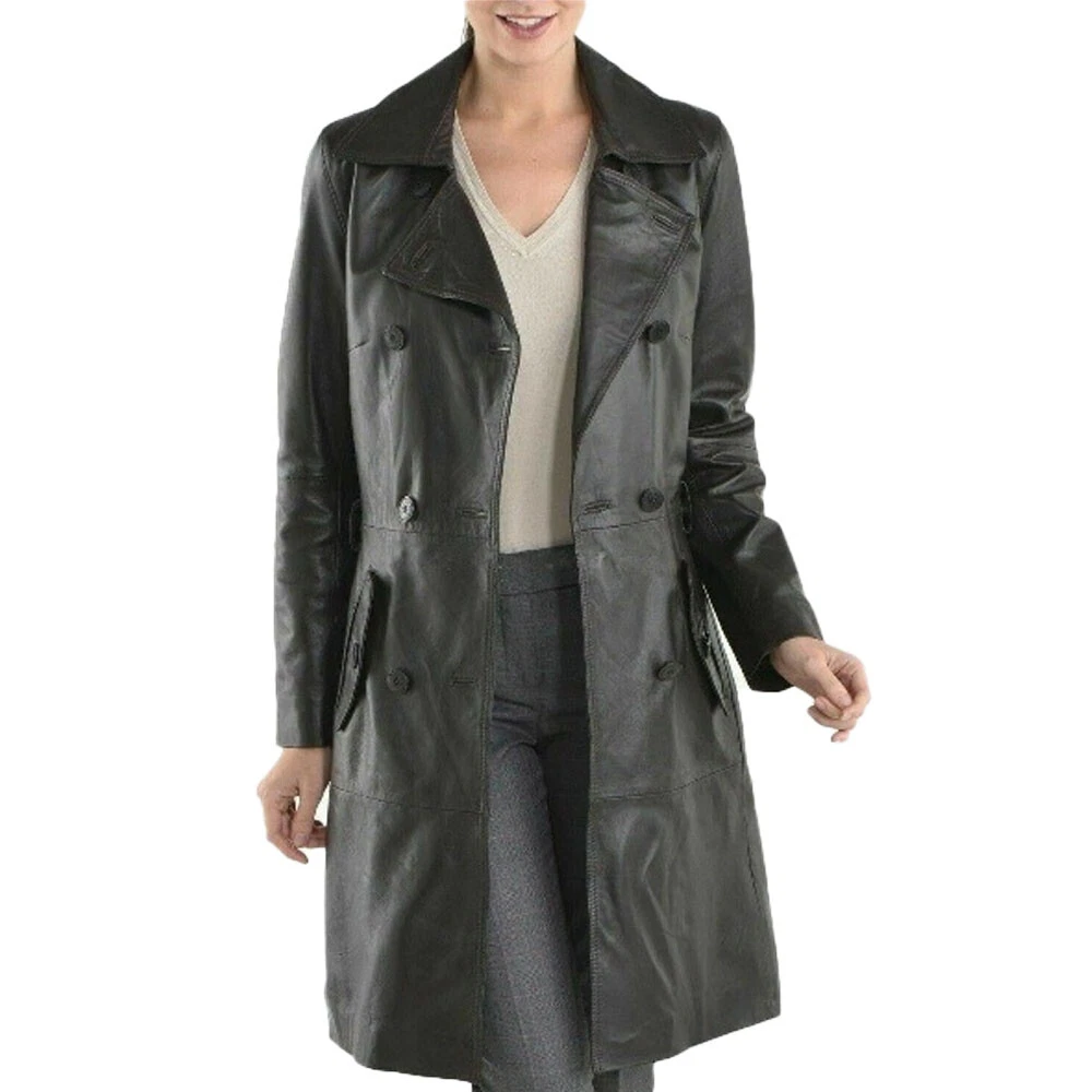 NEW Women s Genuine Lambskin Leather Long Trench Coat Designer Black Jacket